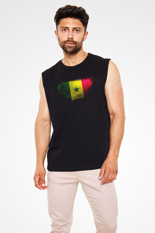 Senegal Bayrağı Baskılı Unisex Siyah Kolsuz Tişört