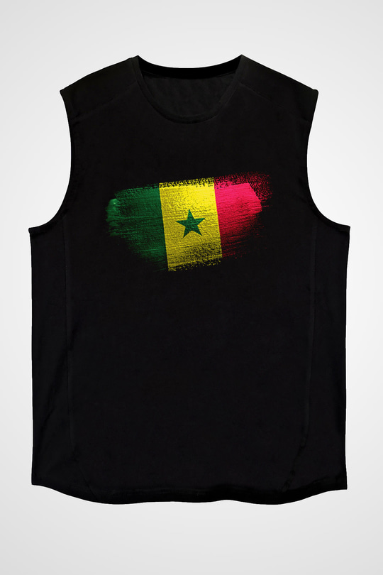 Senegal Bayrağı Baskılı Unisex Siyah Kolsuz Tişört