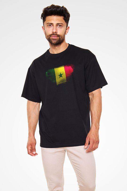 Senegal Bayrağı Baskılı Unisex Siyah Oversize Tişört