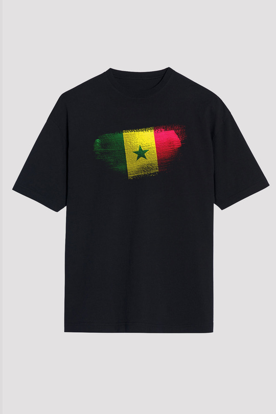 Senegal Bayrağı Baskılı Unisex Siyah Oversize Tişört