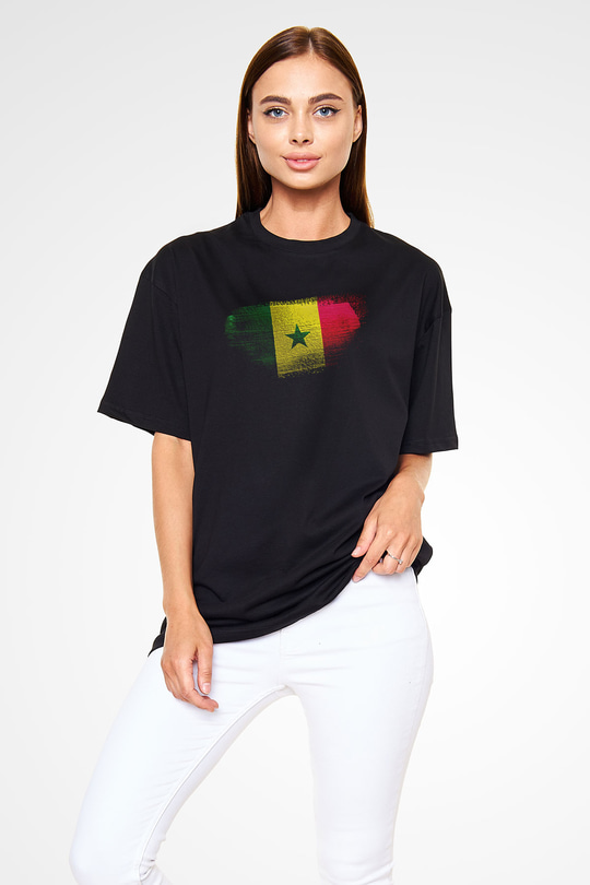 Senegal Bayrağı Baskılı Unisex Siyah Oversize Tişört
