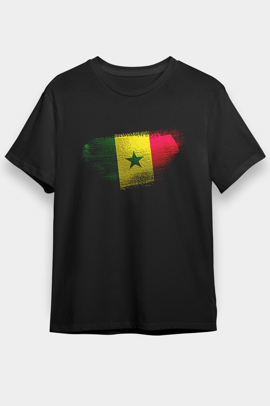Senegal Bayrağı Baskılı Unisex Siyah Tişört