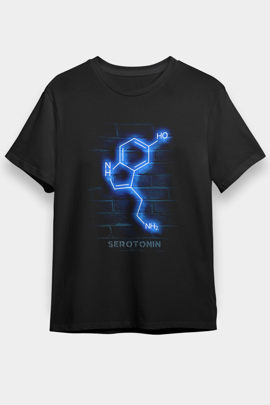 Seratonin Molekülü Neon Baskılı Unisex Siyah Tişört - Tshirt