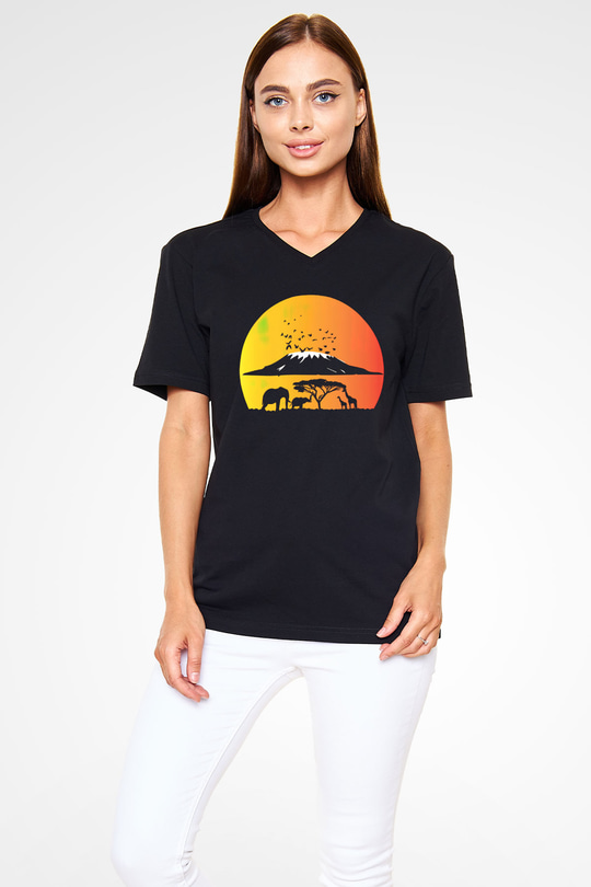 Serengeti Milli Park Siyah Unisex V Yaka Tişört T-Shirt
