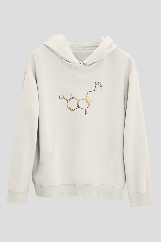 Serotonin Molekülü Baskılı Unisex Ekru Hoodie