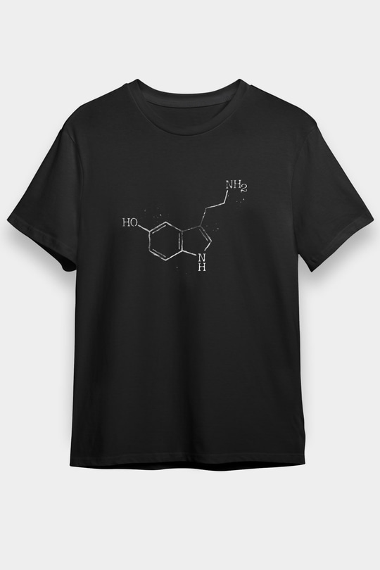 Serotonin Molekülü Baskılı Unisex Siyah Tişört - Tshirt