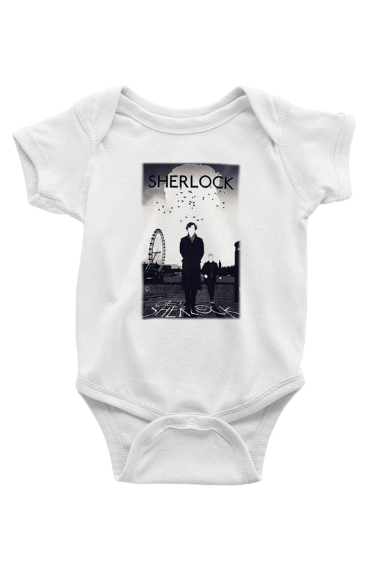 Sherlock Baskılı Beyaz Unisex Bebek Body - Zıbın