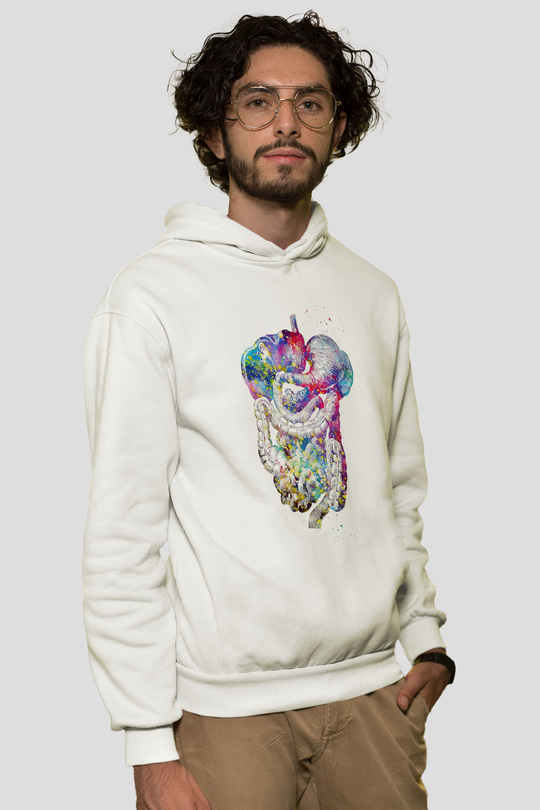 Sindirim Sistemi Renkli Baskılı Unisex Ekru Hoodie