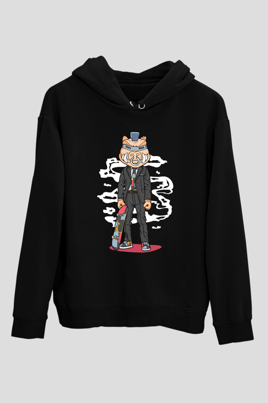 Skater Pig Baskılı Unisex Siyah Hoodie