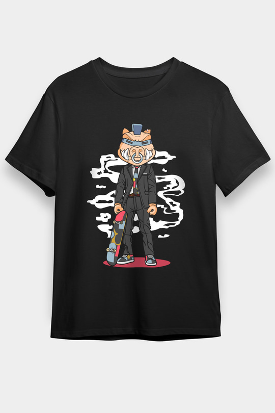 Skater Pig Baskılı Unisex Siyah Tişört