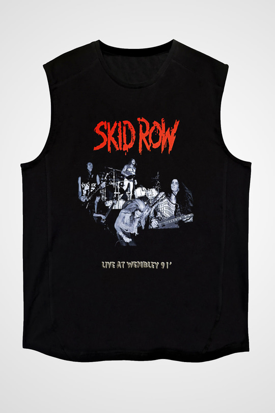 Skid Row Baskılı Unisex Siyah Kolsuz Tişört - Tshirt
