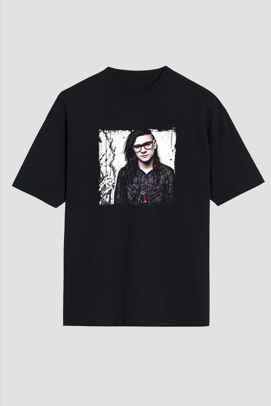 Skrillex Baskılı Unisex Oversize Siyah Tişört