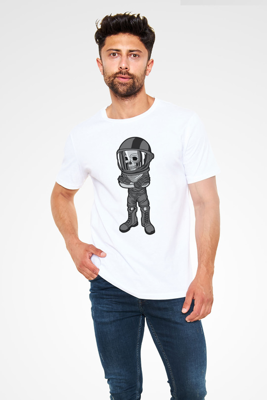 Skull Helmet Baskılı Beyaz Unisex T-Shirt