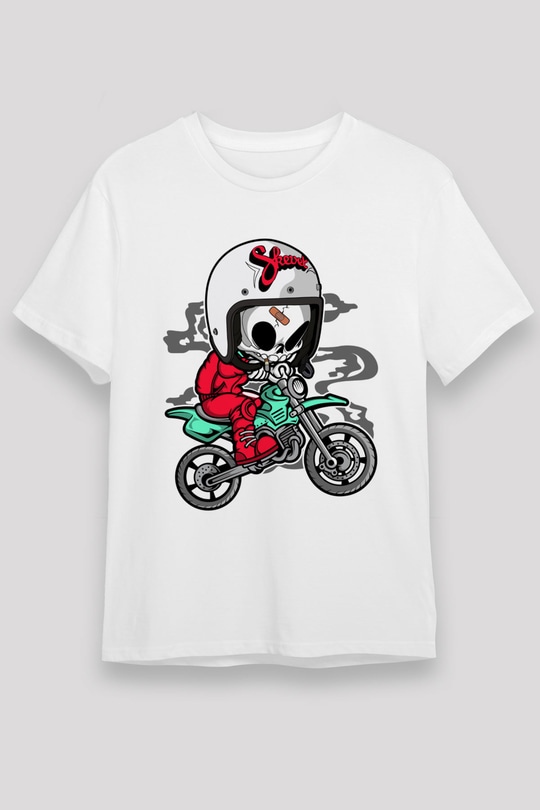 Skull Motocrosser Baskılı Beyaz Unisex T-Shirt
