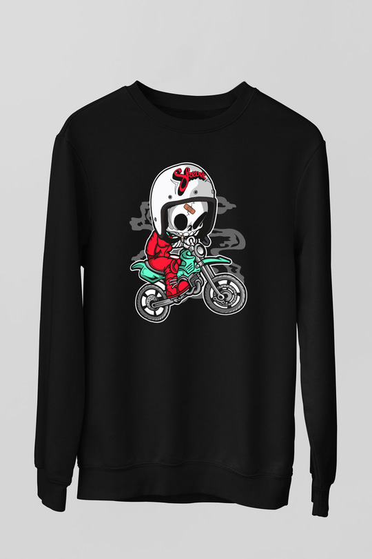 Skull Motocrosser Baskılı Siyah Unisex T-Shirt
