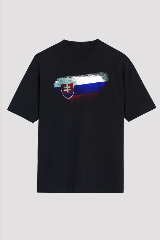 Slovakya - Slovakia Bayrağı Baskılı Unisex Siyah Oversize Tişört
