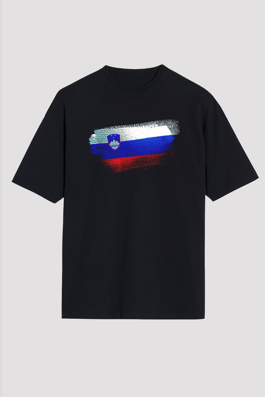 Slovenya - Slovenia Bayrağı Baskılı Unisex Siyah Oversize Tişört