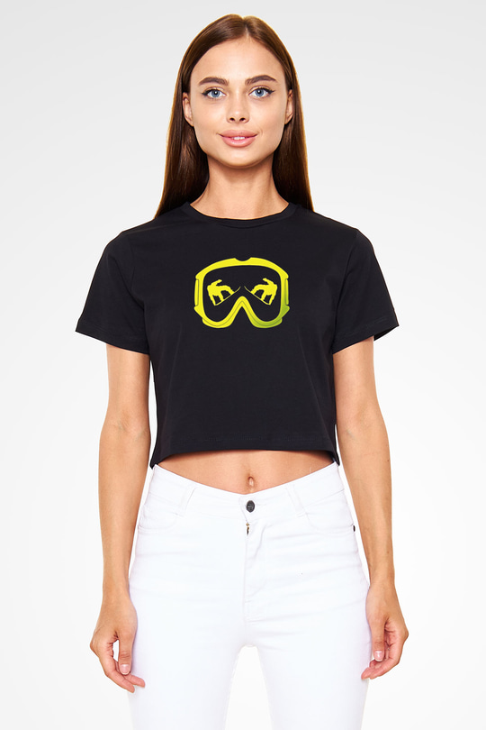 Snowboarding Baskılı Crop Top Siyah Kadın Tişört - Tshirt