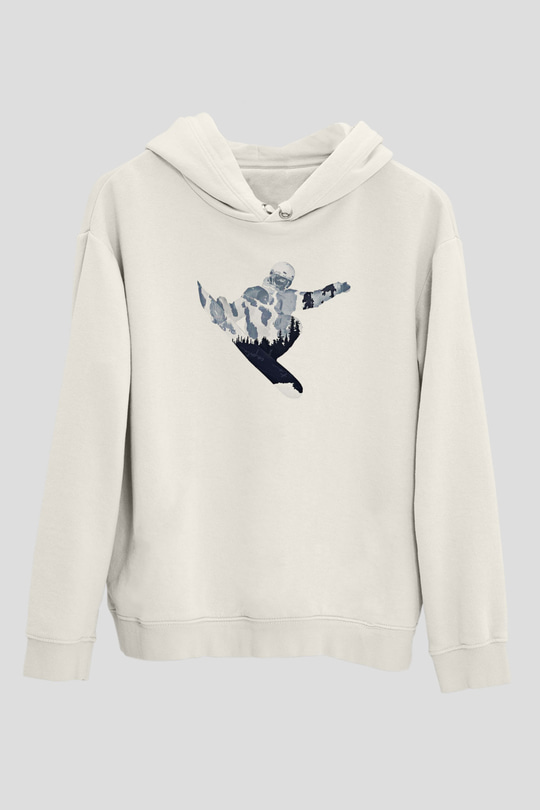 Snowboarding Baskılı Unisex Ekru Hoodie