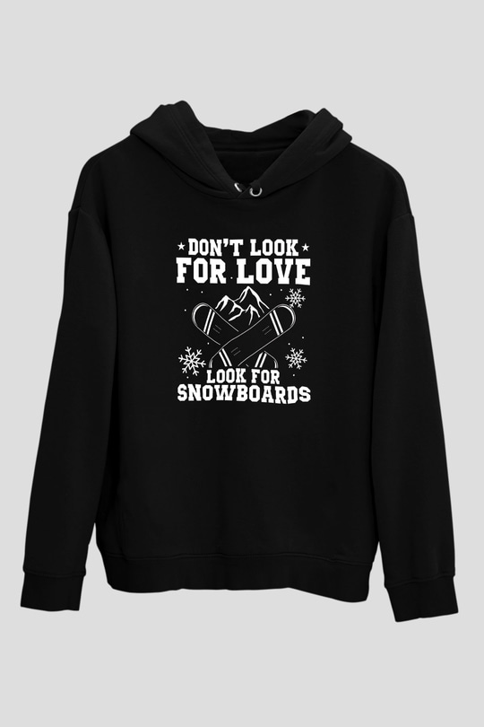 Snowboarding Baskılı Unisex Siyah Kapüşonlu Sweatshirt