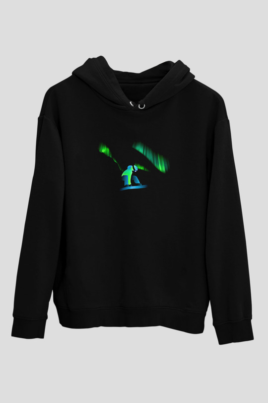 Snowboarding Baskılı Unisex Siyah Kapüşonlu Sweatshirt