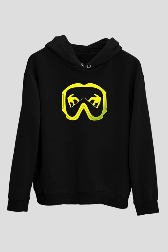 Snowboarding Baskılı Unisex Siyah Kapüşonlu Sweatshirt