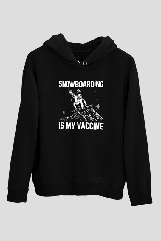 Snowboarding Baskılı Unisex Siyah Kapüşonlu Sweatshirt