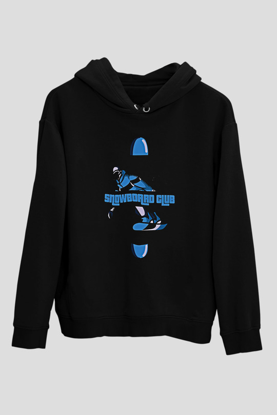 Snowboarding Baskılı Unisex Siyah Kapüşonlu Sweatshirt