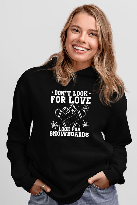 Snowboarding Baskılı Unisex Siyah Kapüşonlu Sweatshirt