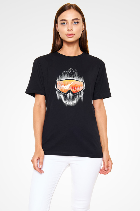 Snowboarding Baskılı Unisex Siyah Tişört - Tshirt