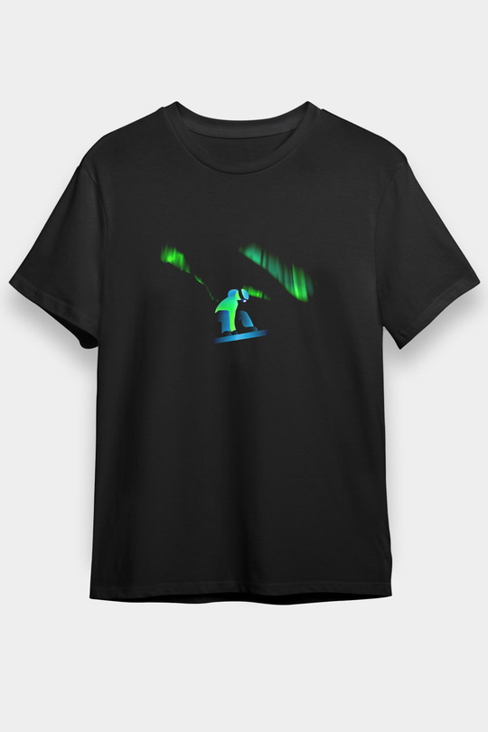 Snowboarding Baskılı Unisex Siyah Tişört - Tshirt