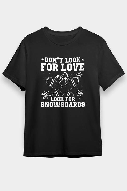 Snowboarding Baskılı Unisex Siyah Tişört - Tshirt