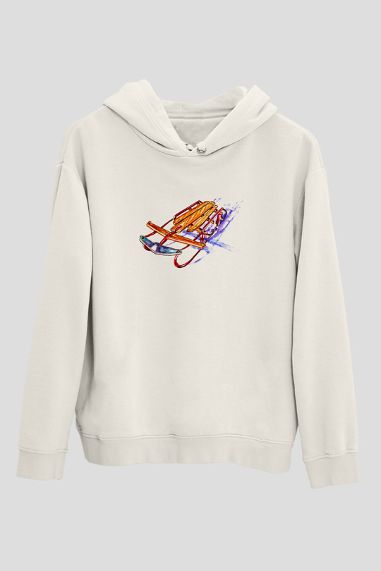 Sokak Kızağı Baskılı Unisex Ekru Hoodie
