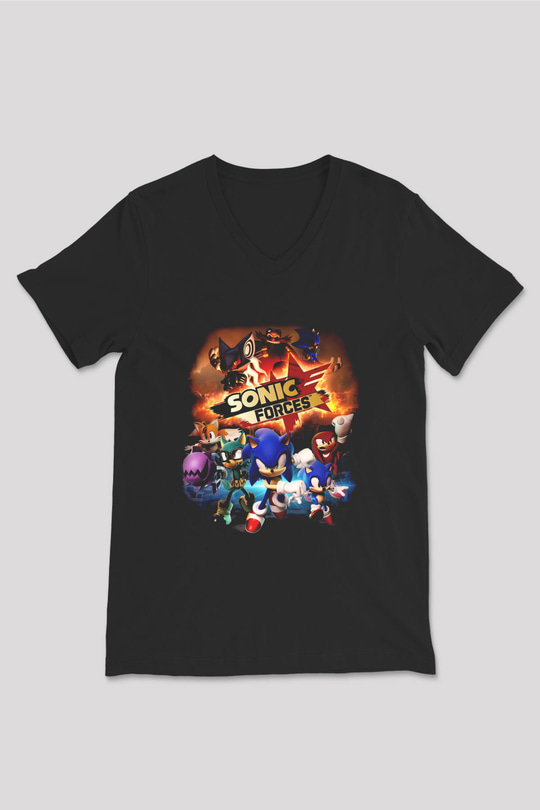 Sonic the Hedgehog Siyah Unisex V Yaka Tişört