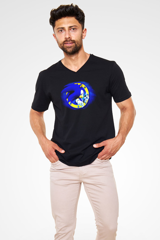 Sonic the Hedgehog Siyah Unisex V Yaka Tişört