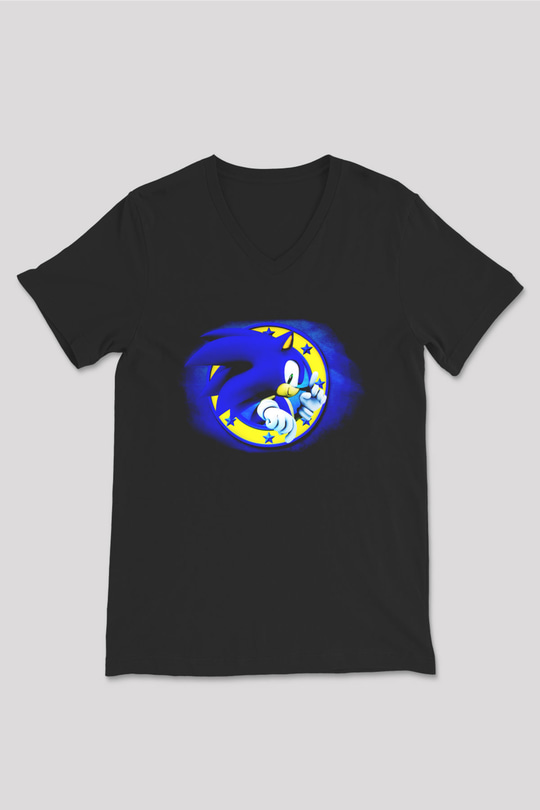 Sonic the Hedgehog Siyah Unisex V Yaka Tişört