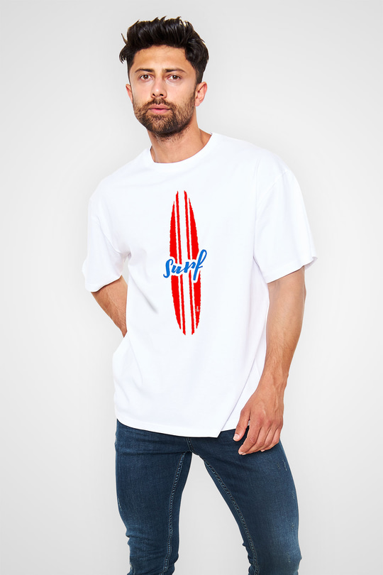 Sörf Baskılı Unisex Beyaz Oversize Tişört - Tshirt