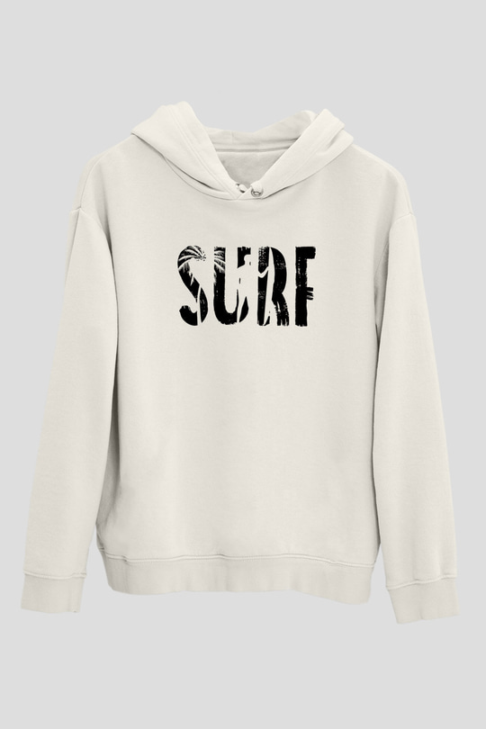 Sörf Baskılı Unisex Ekru Hoodie