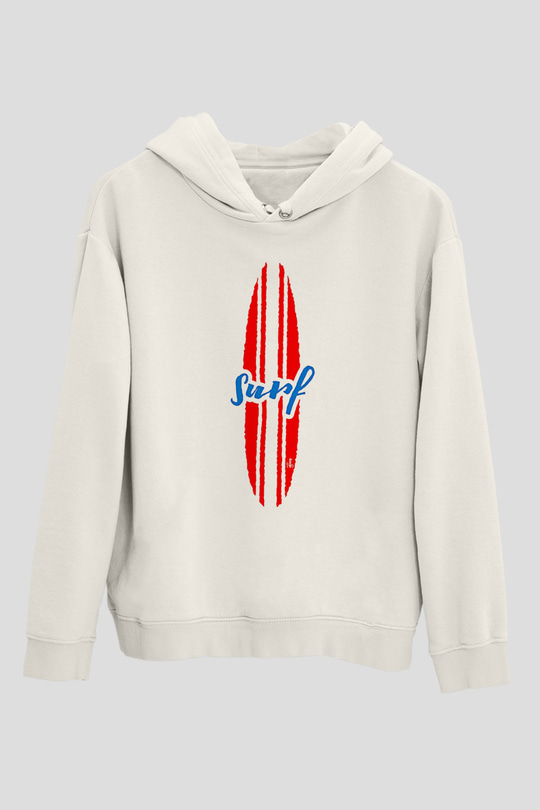 Sörf Baskılı Unisex Ekru Hoodie