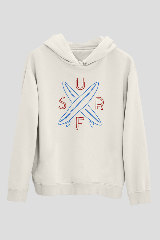 Sörf Baskılı Unisex Ekru Hoodie