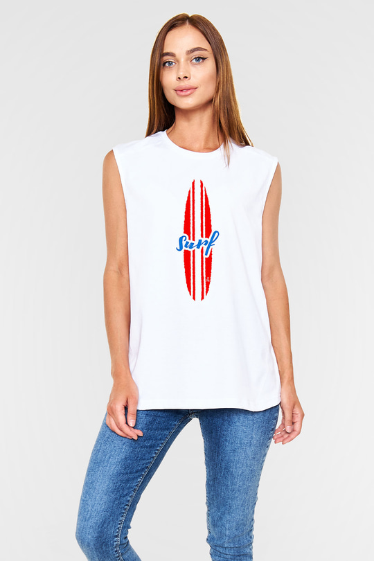 Sörf Baskılı Unisex Kolsuz Beyaz Tişört