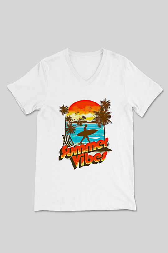 Sörf Baskılı Unisex V Yaka Tişört - Tshirt
