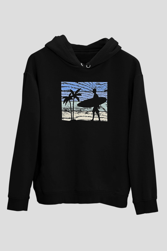 Sörf - Surfing Baskılı Unisex Siyah Kapüşonlu Sweatshirt