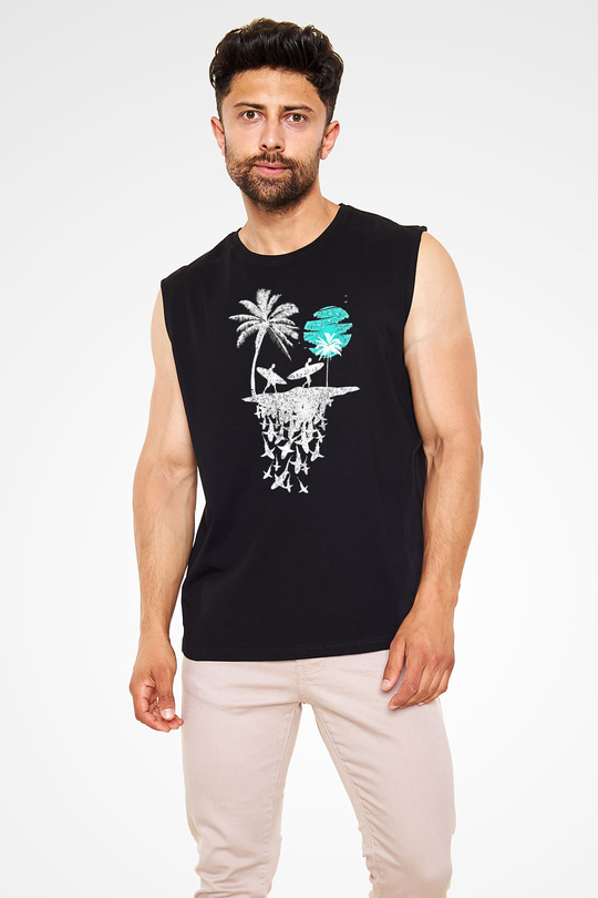 Sörf - Surfing Baskılı Unisex Siyah Kolsuz Tişört