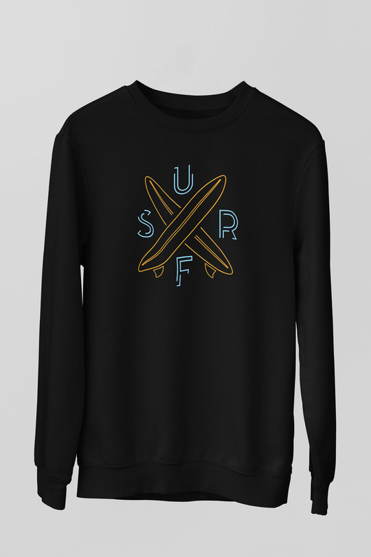 Sörf - Surfing Baskılı Unisex Siyah Sweatshirt