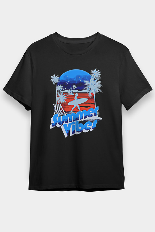 Sörf - Surfing Baskılı Unisex Siyah Tişört - Tshirt