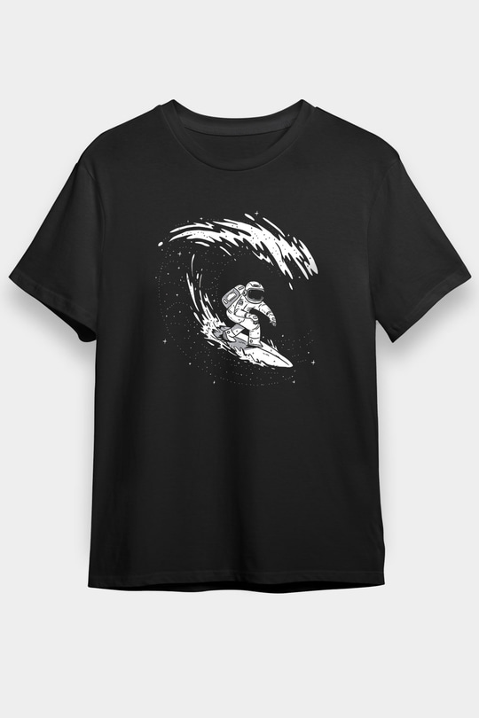 Sörf - Surfing Baskılı Unisex Siyah Tişört - Tshirt