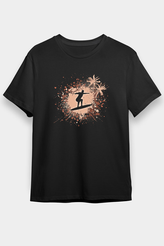 Sörf - Surfing Baskılı Unisex Siyah Tişört - Tshirt