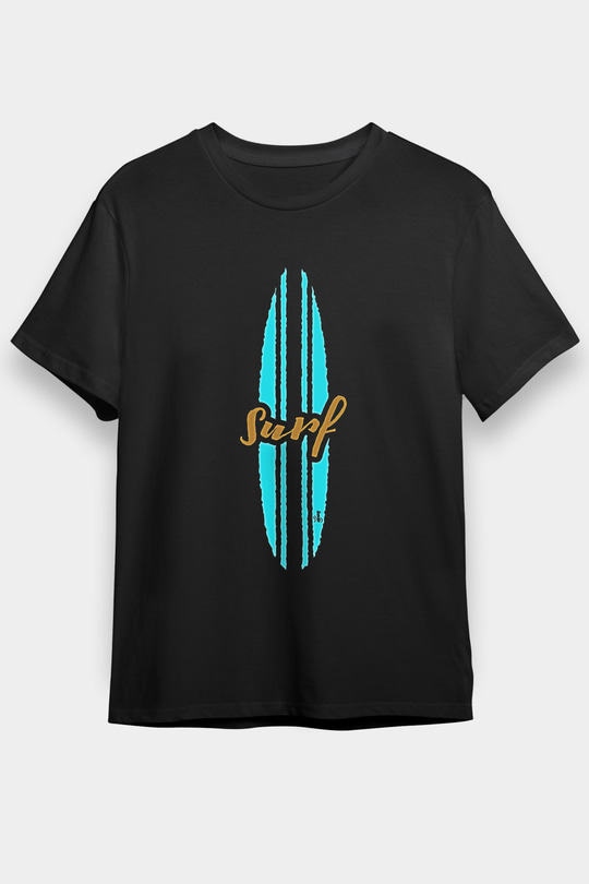 Sörf - Surfing Baskılı Unisex Siyah Tişört - Tshirt