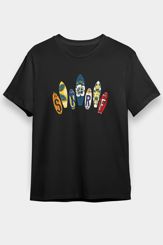Sörf - Surfing Baskılı Unisex Siyah Tişört - Tshirt